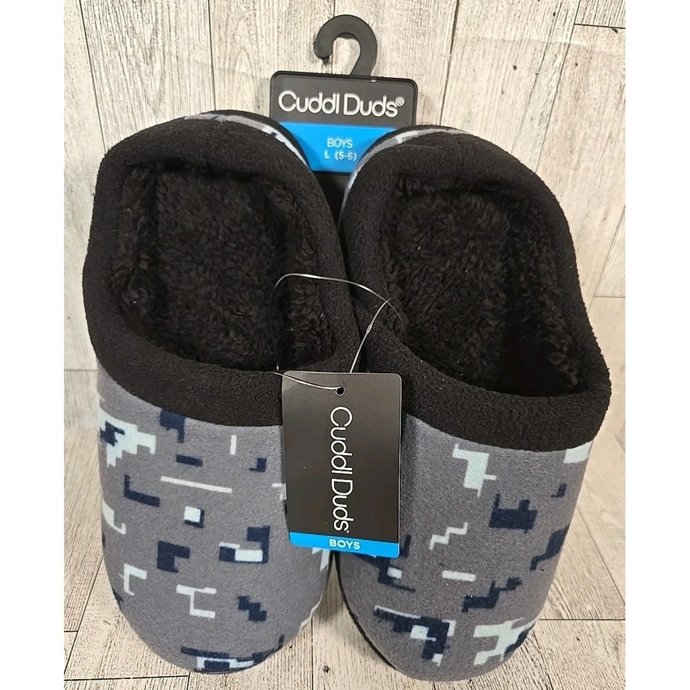 Cuddl Duds Slippers Boys Size Large (5-6) Black Gray Printed Glitch Fleece NEW